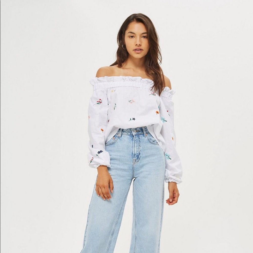 Embroidered Poplin Off the Shoulder Top